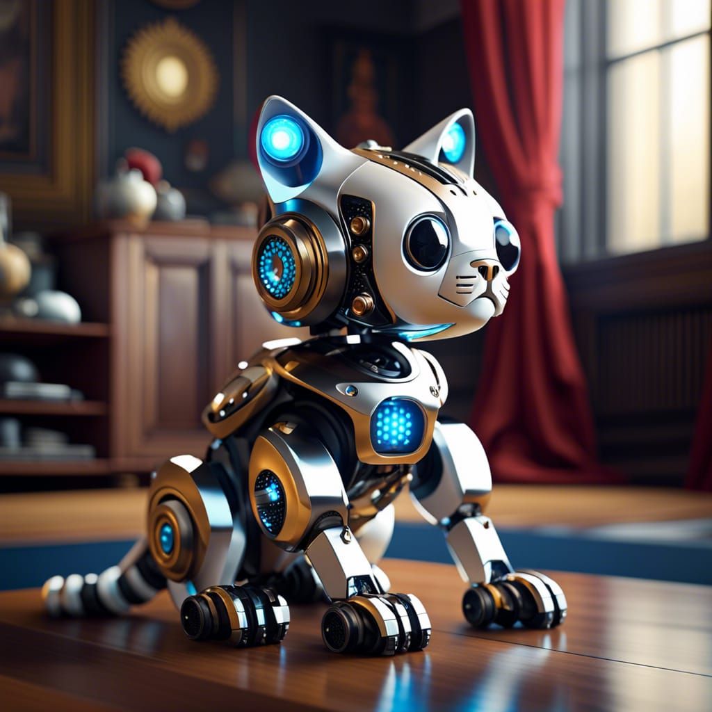 Steampunk Robot Cat in Fantasy Landscape