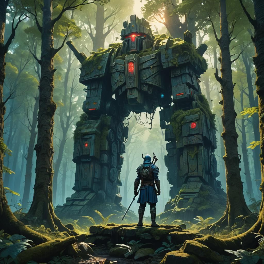 Mystical Warrior in Lush Forest Ruins