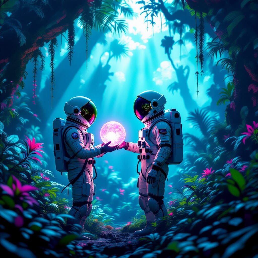 Astronaut in Bioluminescent Alien Jungle with Glowing Orb