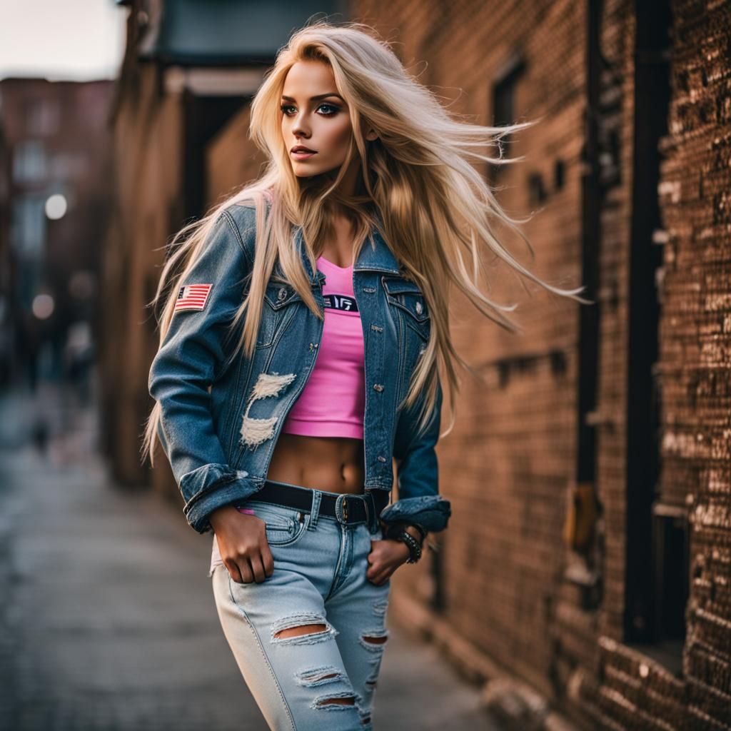 Blonde Woman in Ripped Denim and Biker Boots