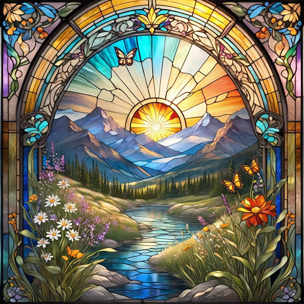 Stained Glass Valley with Wildflowers and Butterflies