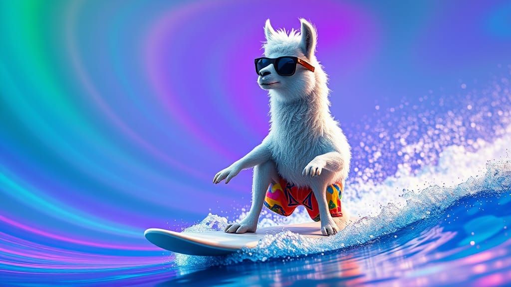 Hyper Realistic CGI Llama Surfer in Vibrant Iridescent Waves