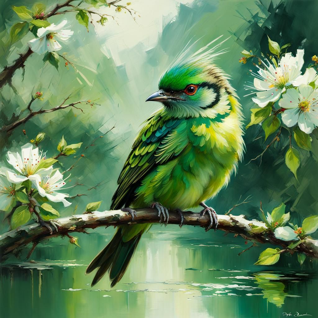 Green Bird with Blossoms: Oil Painting Fine Art