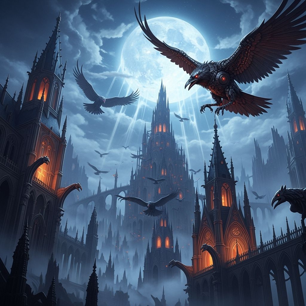 Mechanical Ravens Soaring Over Gothic Cityscape