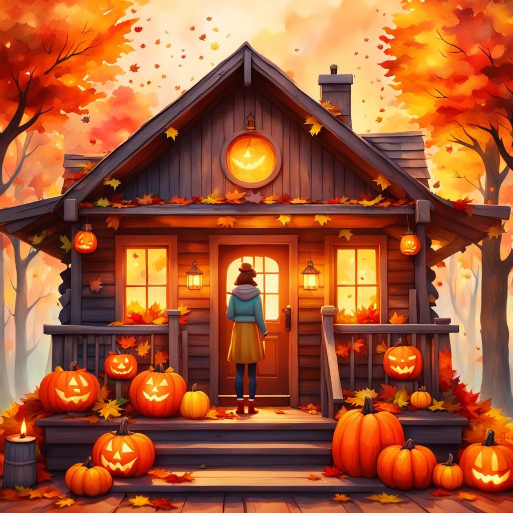 Cozy Autumn Porch Scene in Pixar Style