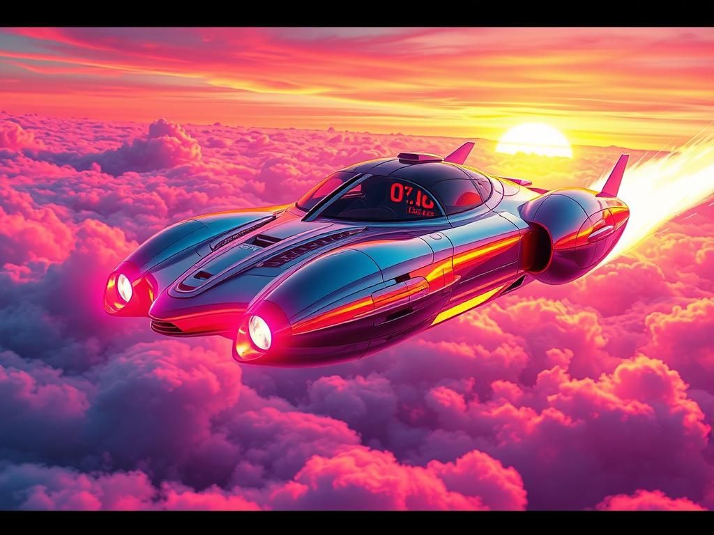 Neon Hover Car Speeding Through Iridescent Clouds