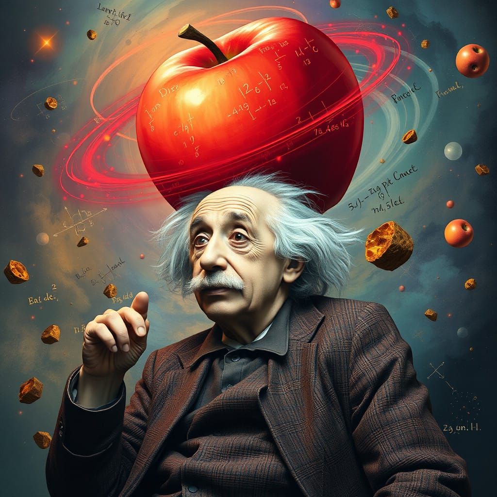 Einstein in Cosmic Whimsy: Surreal Red Apple Dance