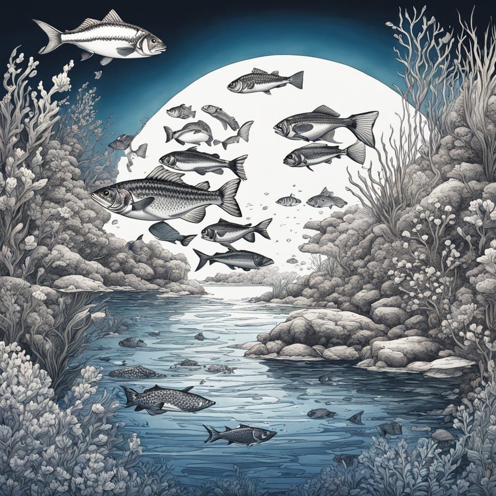 Surreal Aquatic Scene in Ink and Wash