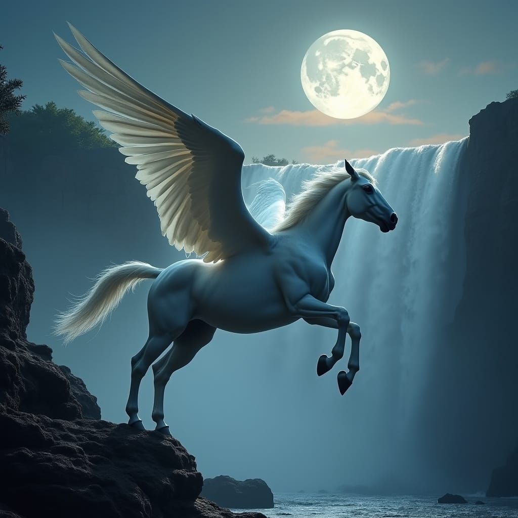 Majestic Victoria Falls at Night with Pegasus in Flight