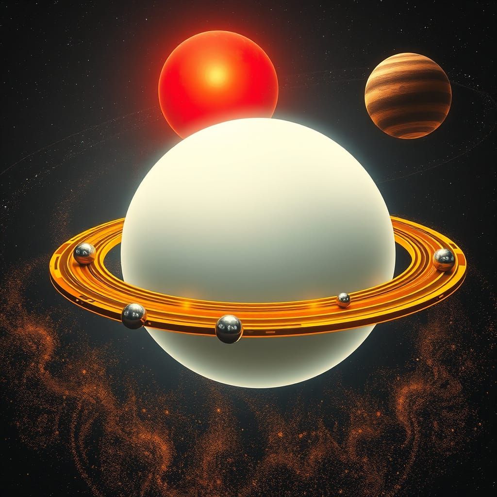 Futuristic Metallic Planet with Vibrant Gold Rings and Moons