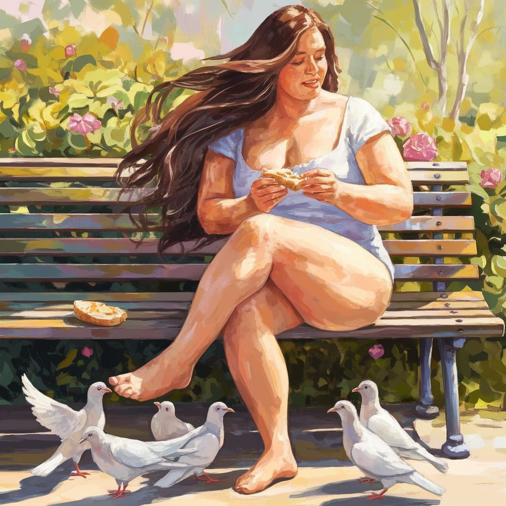 Woman Feeds Doves in a Vibrant Gouache Masterpiece