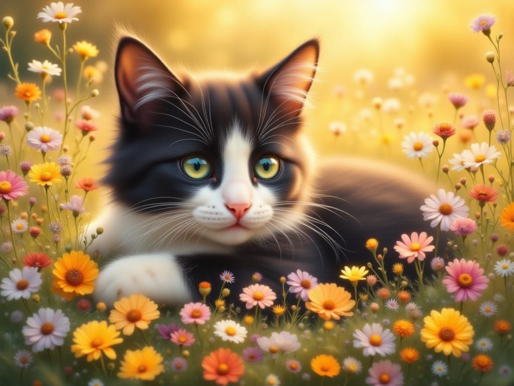 Adorable Black and White Cat in Wildflower Meadow