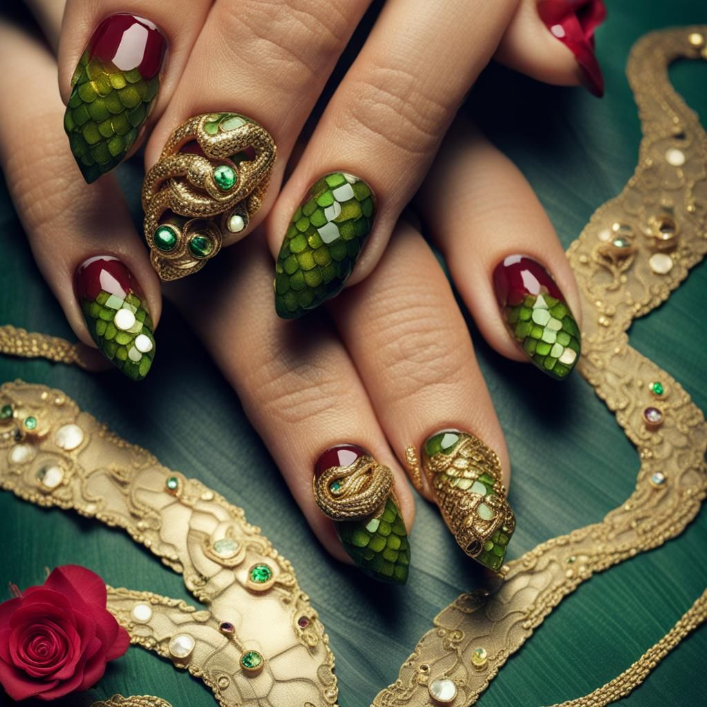 Luxurious Gold and Green Snake Scale Nails