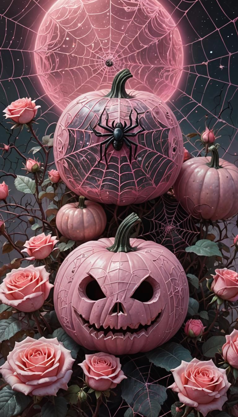 Holographic Halloween Pumpkins and Roses Illustration