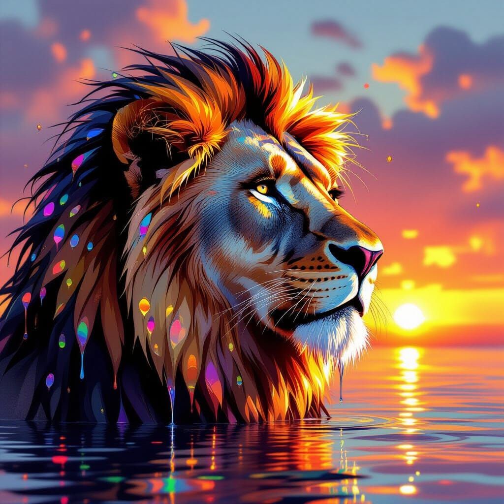 Lion Head Made of Multicolored Water Droplets