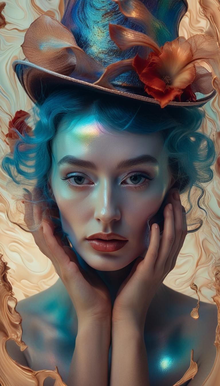 Surrealism. Close-up portrait. A woman wearing a fancy hat s...
