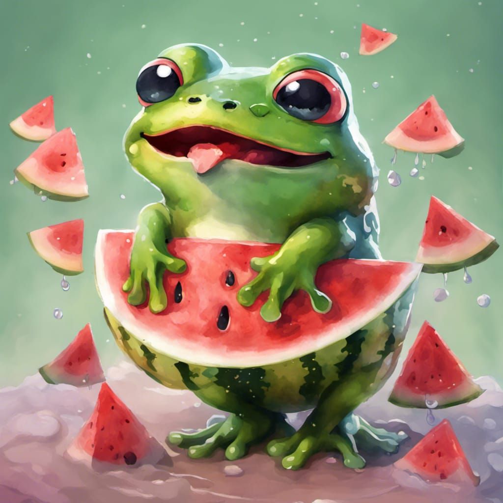 Chibi Kawaii Frog with Watermelon in Watercolor