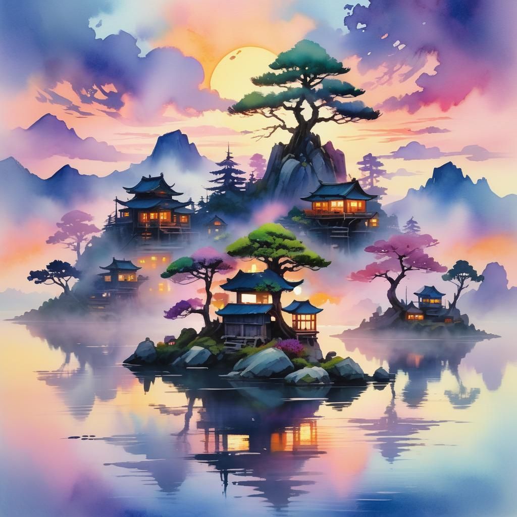 Floating Bonsai Village: Watercolor Painting with Fauvist In...