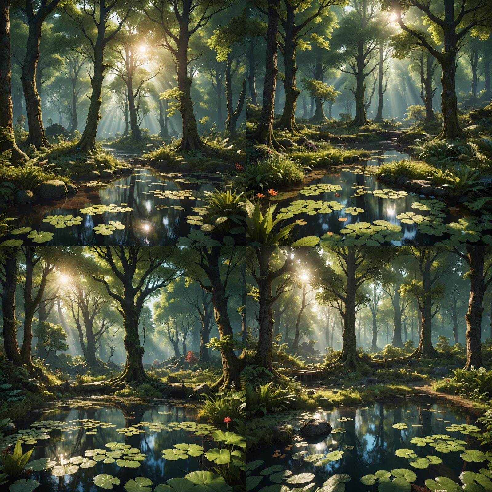 Sunlit Forest with Ponds: Detailed Matte Painting