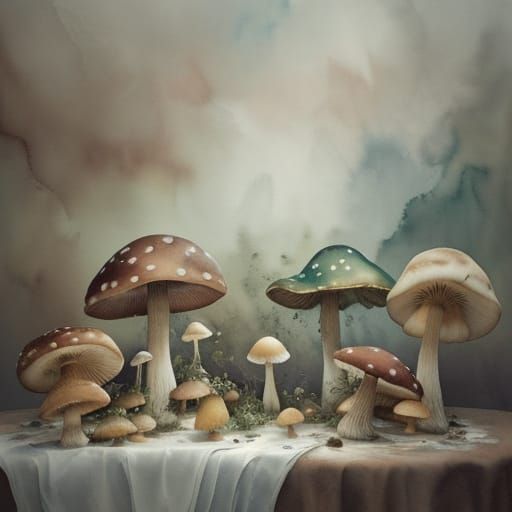 Whimsical Mushroom Furniture in Baroque Room, Watercolor Sty...