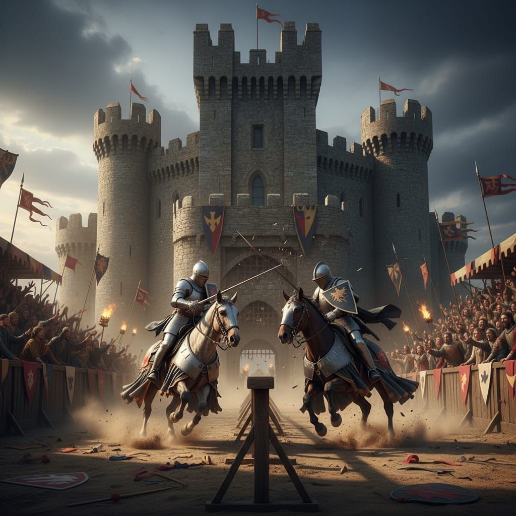 Knights Jousting by Castle in Cinematic Style