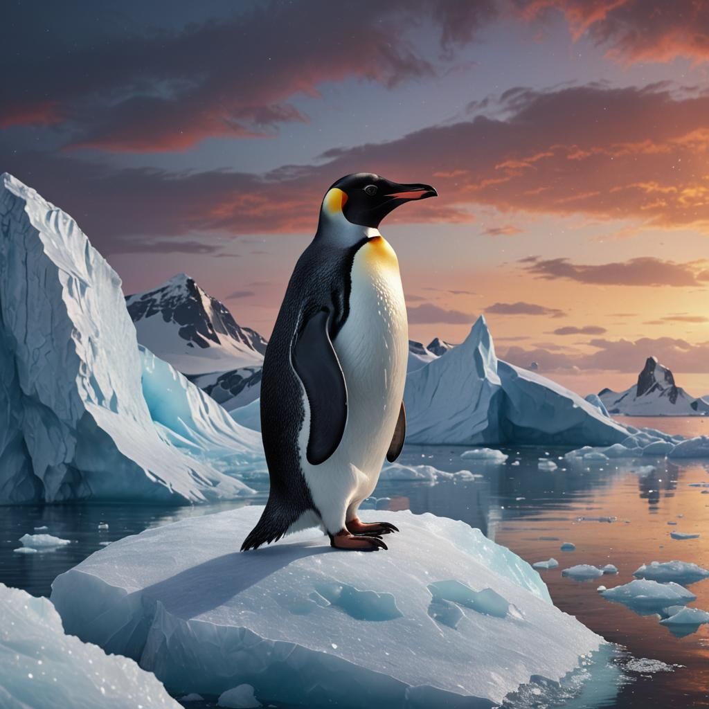 Antarctic Penguin on Iceberg Under Aurora Australis