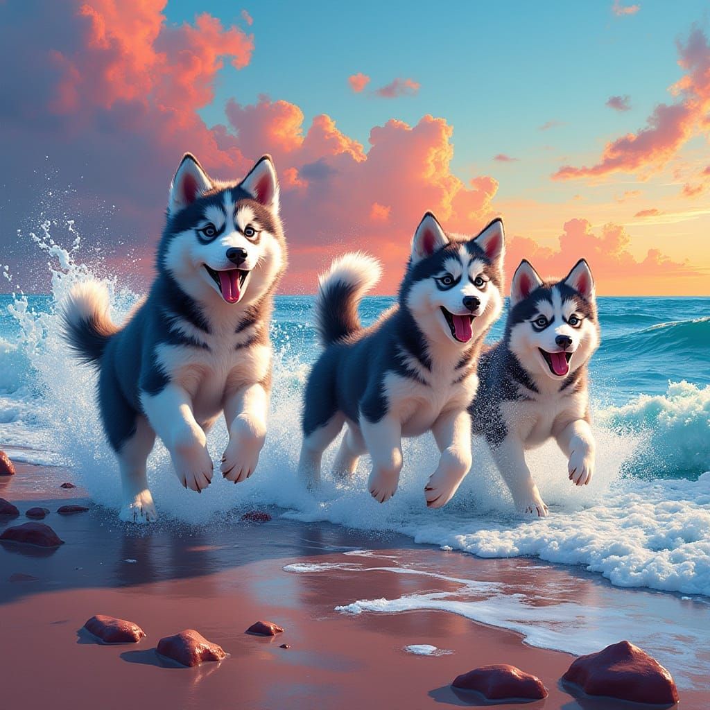 Joyful Baby Huskies Play by the Sea in Graffiti Style