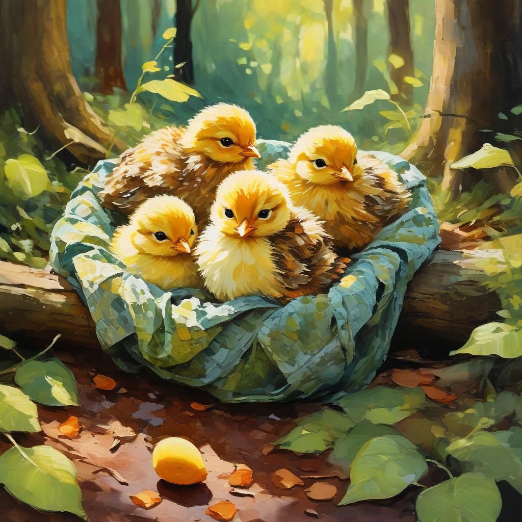 Affectionate Cats Carrying Chicks in Impasto Gouache