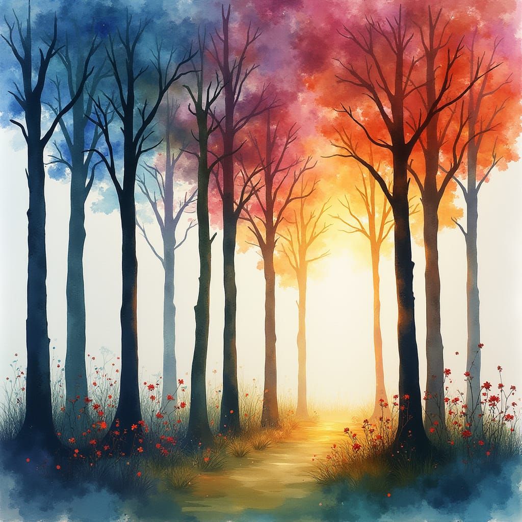 Trees Silhouetted with Blooming Garden in Watercolor Style