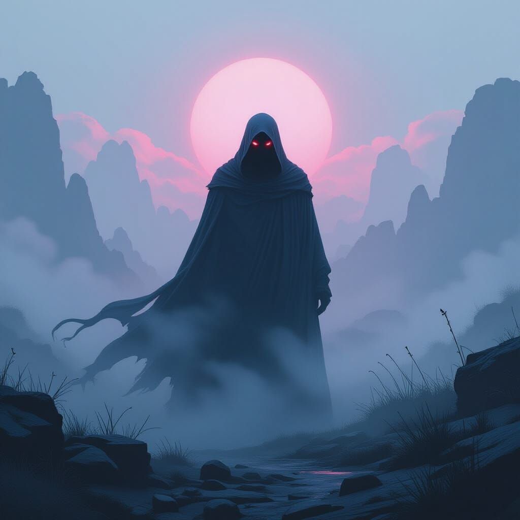 Mysterious Figure in Dreamlike, Neon Landscape