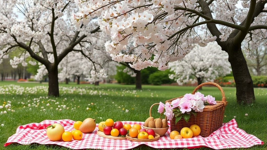Cherry blossom trees blooming picnic