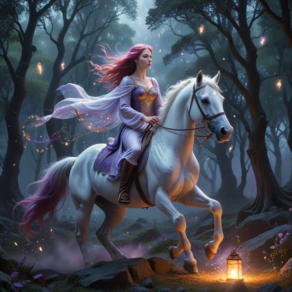 Mystical Celtic Woman Rides Majestic White Horse in Snowy Fo...