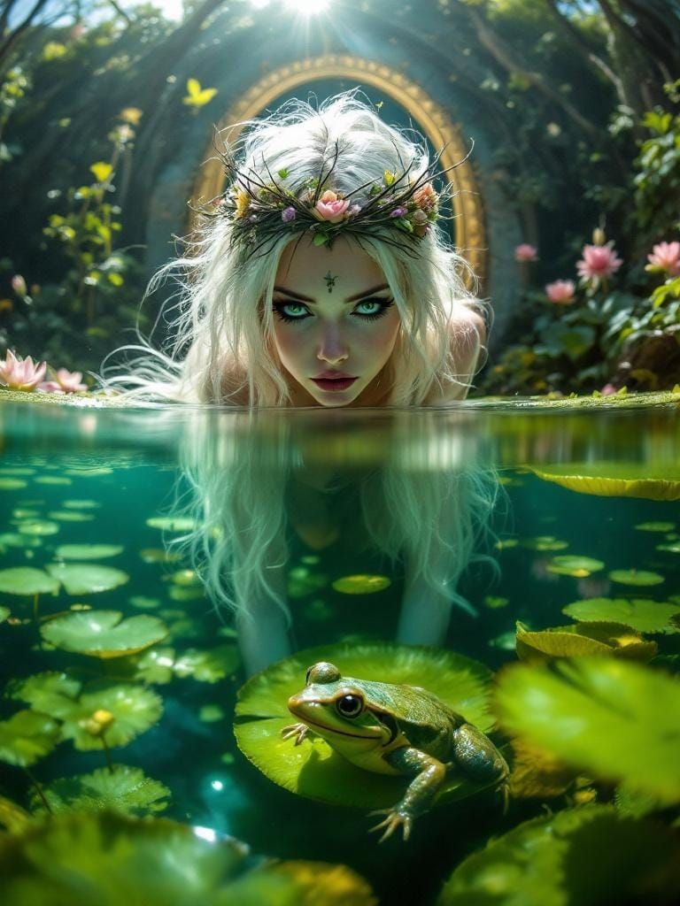 Enchanted Pond: Platinum Haired Girl in Fairytale Garden