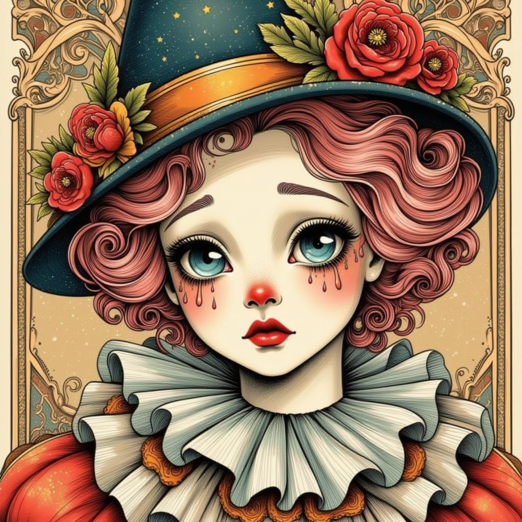 Sad Clown Girl in Neo-Traditional Tattoo Art