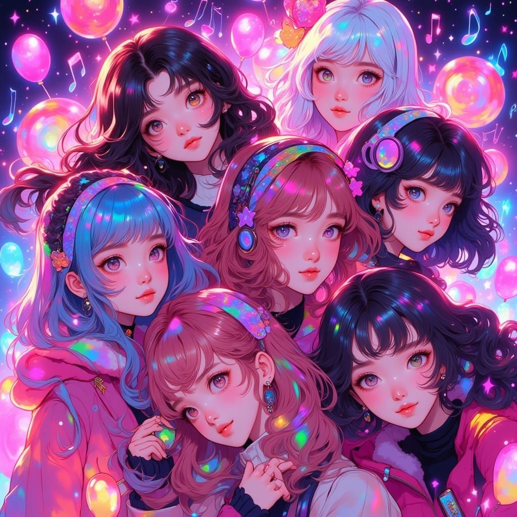 Kpop Performers on Neon Stage in Anime Style