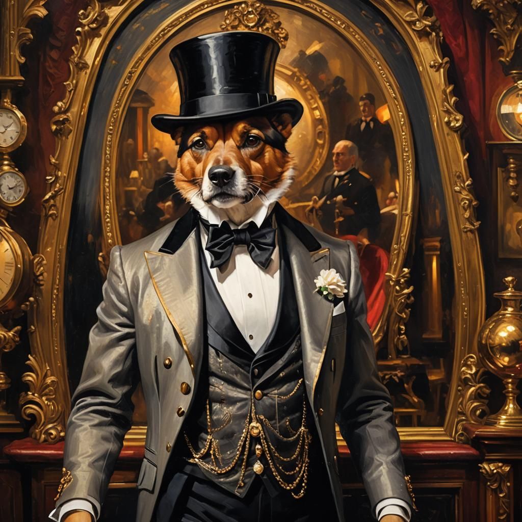 Gentleman in Canine Casino: Vintage Oil Painting