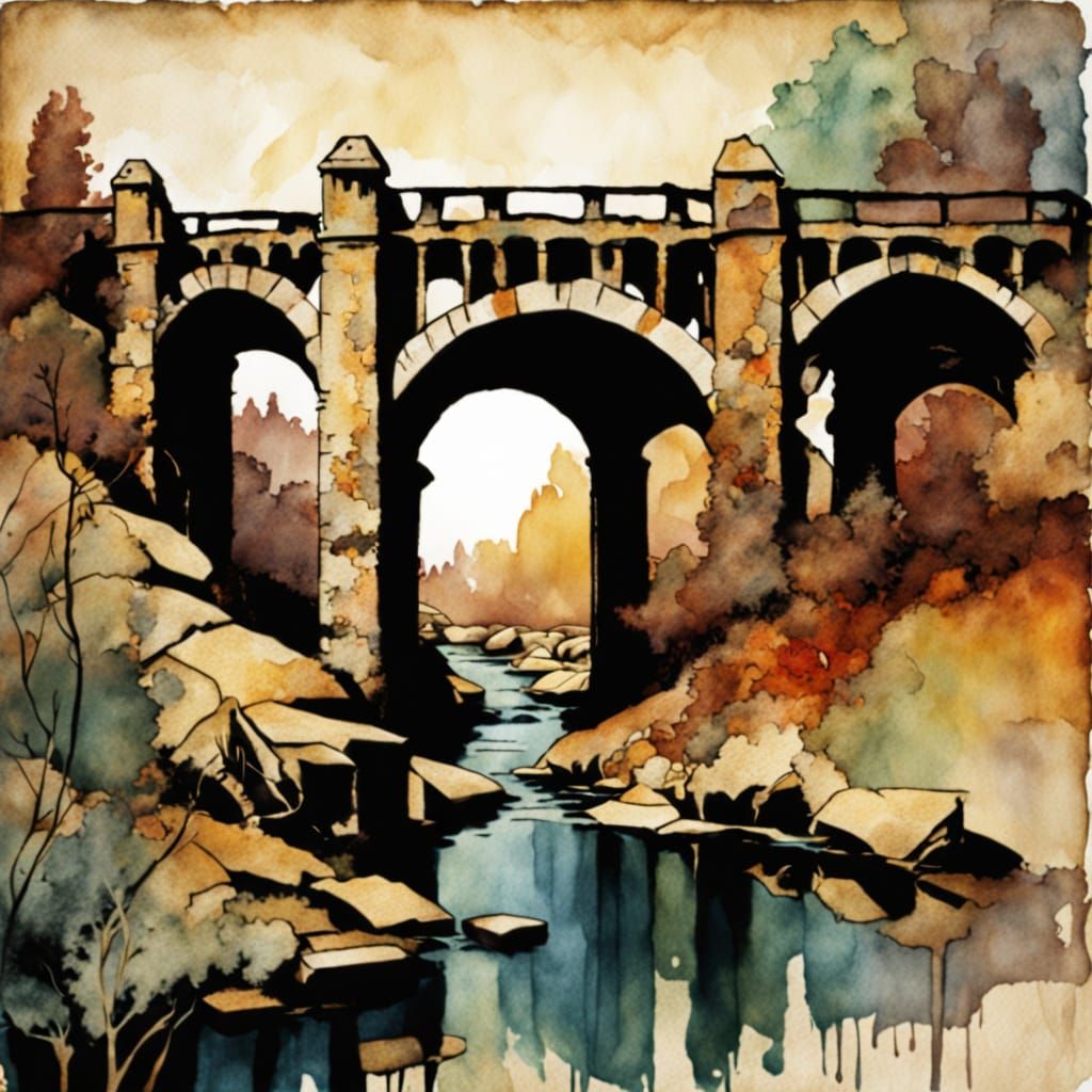 Distressed Tudor Viaduct Bridge in Fauvist Watercolor Collag...