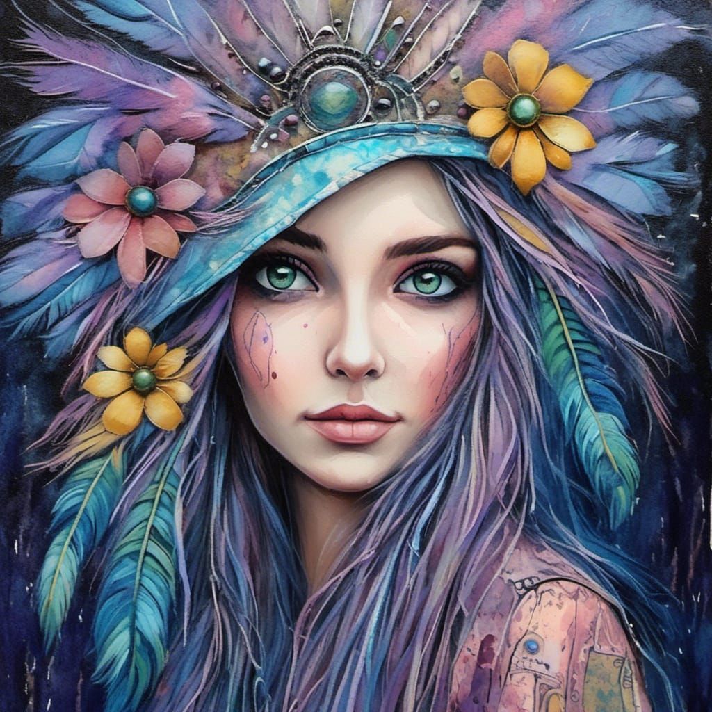 portrait of a bohemian folk free spirited female wanderer with a radiant blush and large blue expressive eyes: wearing a...