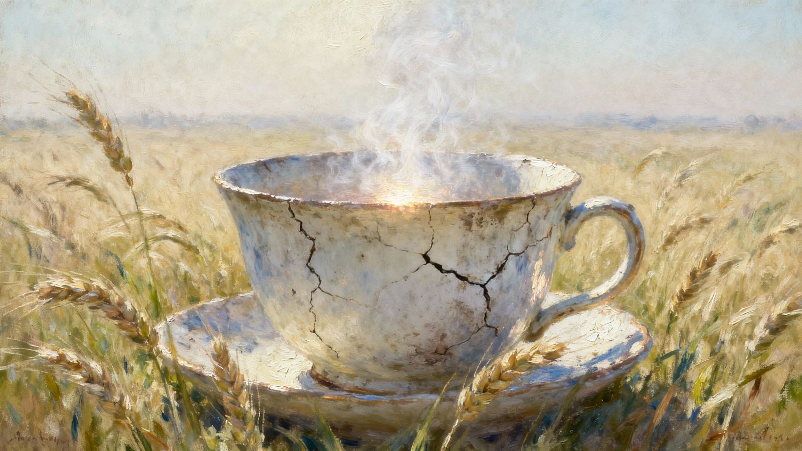 Giant Teacup in Wheat Field, Ethereal Steam