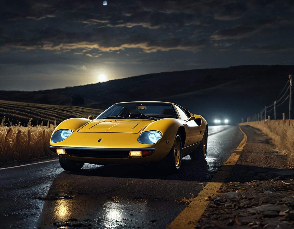 Yellow Lamborghini Miura Speeding at Night in Digital Art
