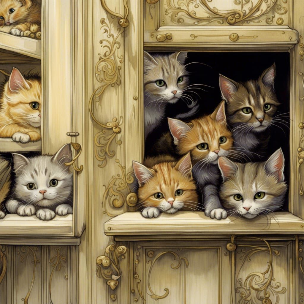 Cats in Cupboard: Detailed Whimsical Illustration