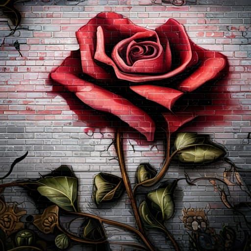 Rose Graffiti Art on Brick Wall