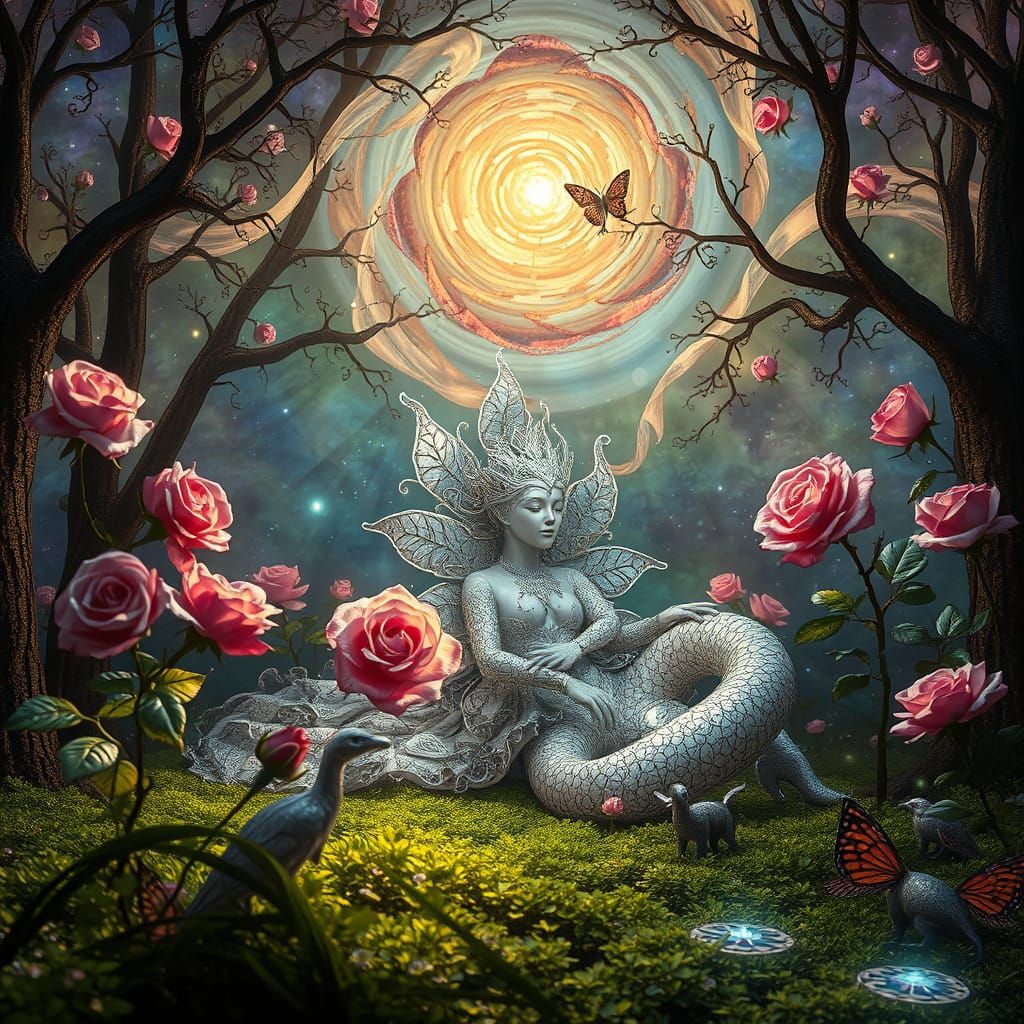 Ethereal Silver Prince Resting in Rose Garden