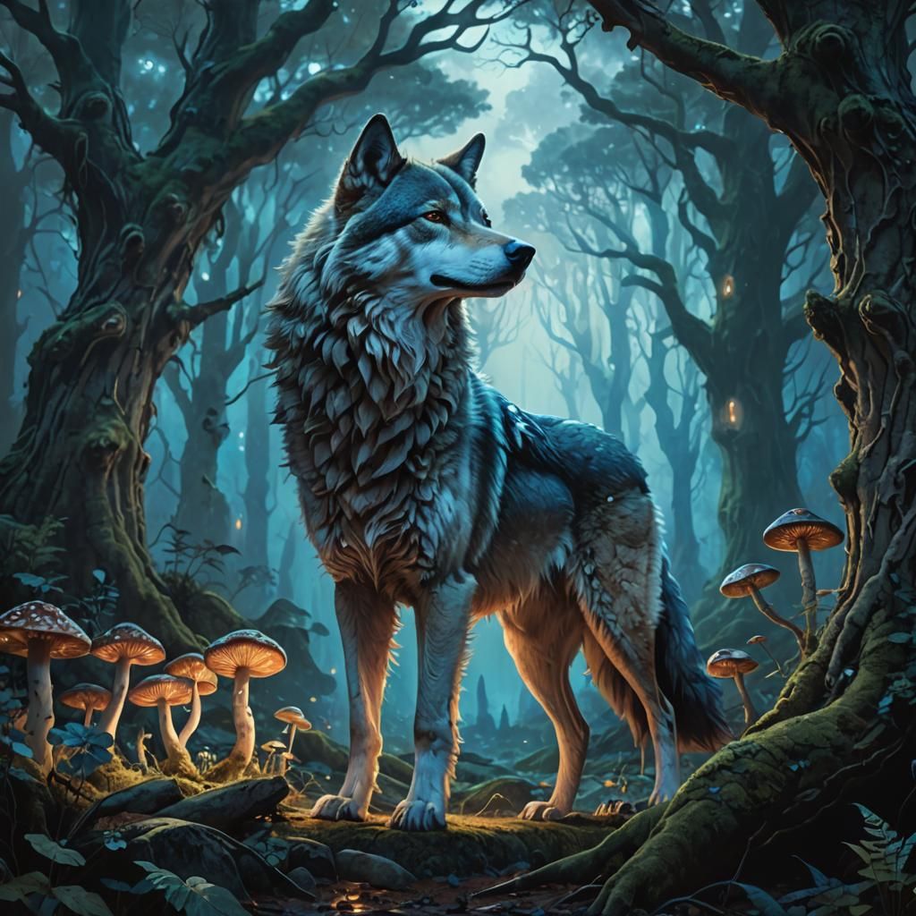 Wolf Dog Portrait in a Mystical Forest