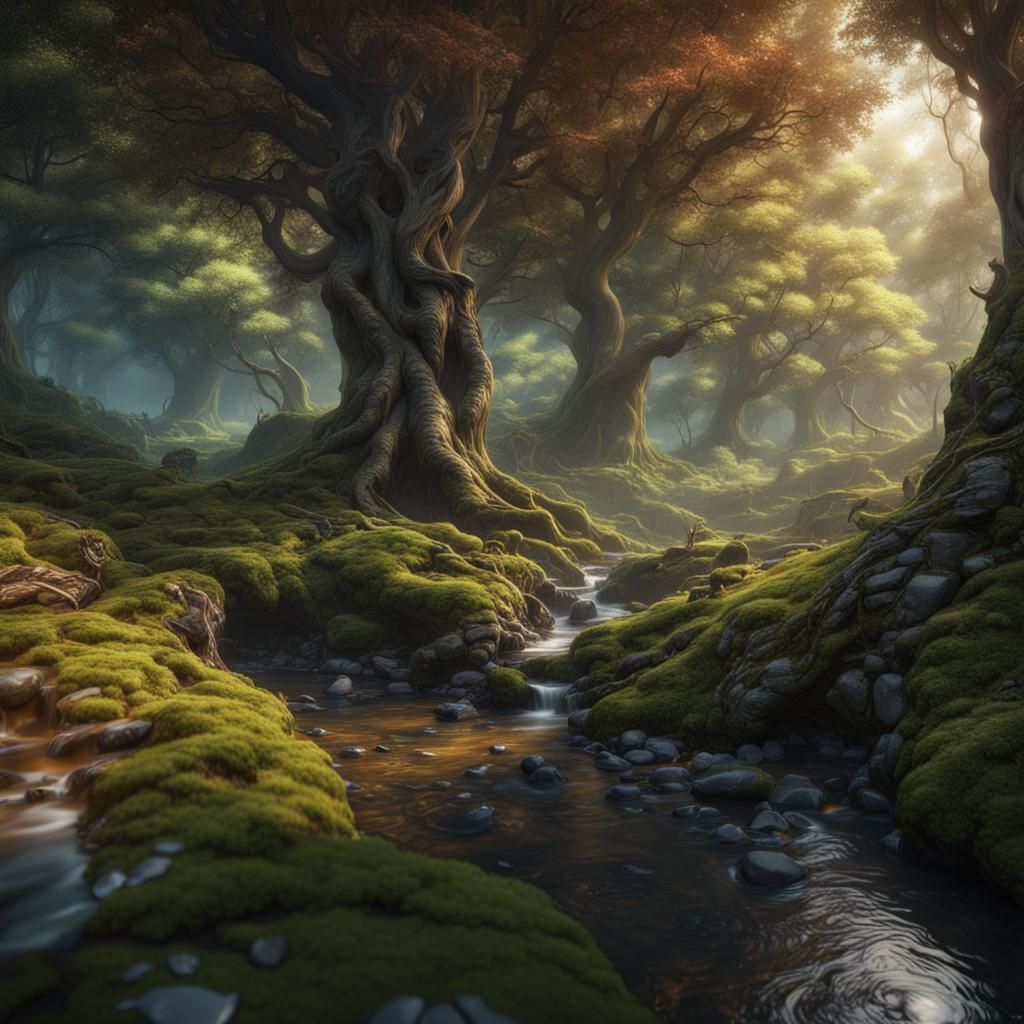 Enchanted Forest Stream in Detailed Digital Painting