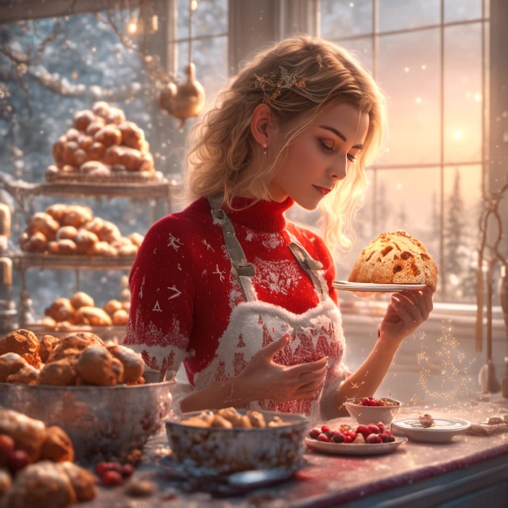Girl Cooking Panettone in Christmas Kitchen
