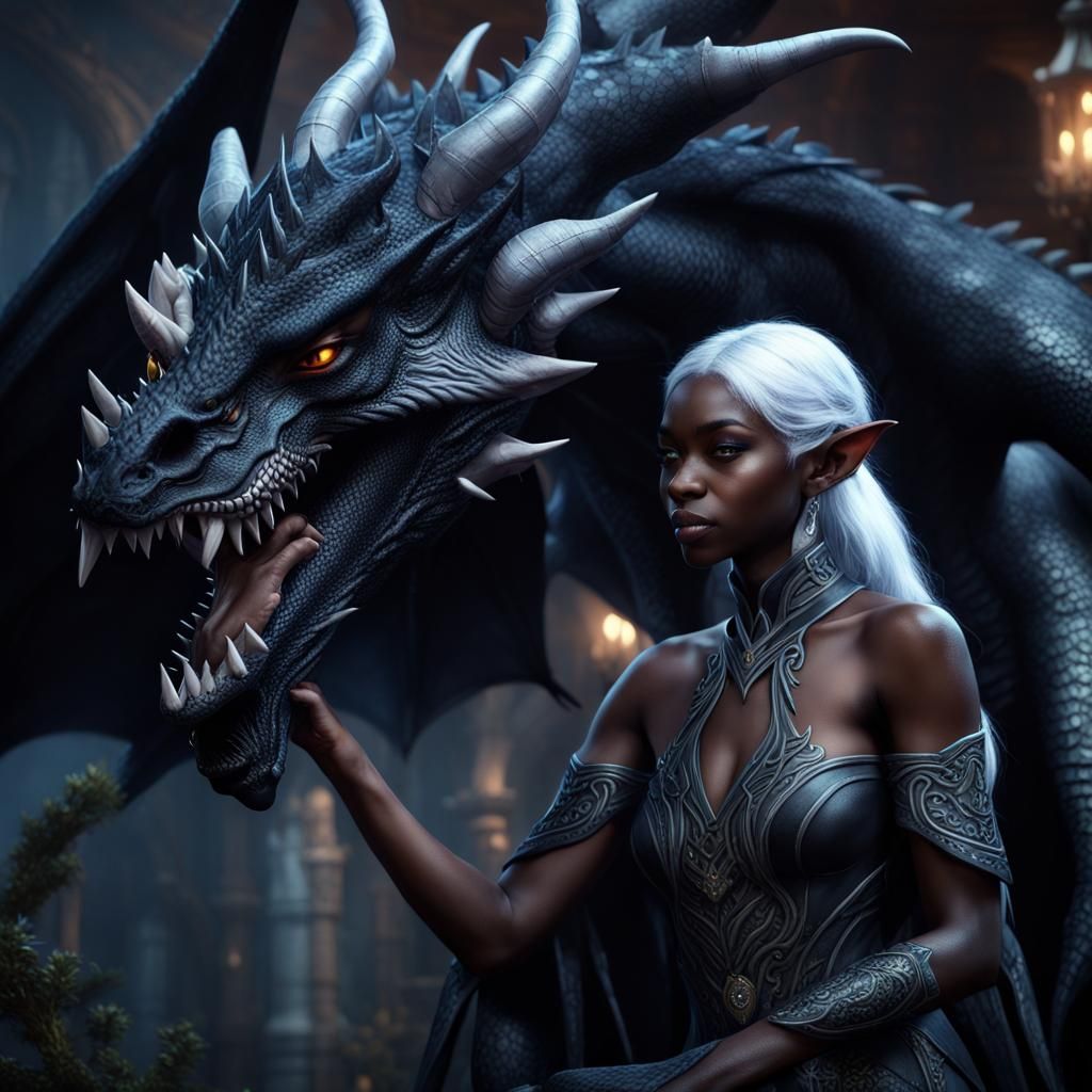 Drow Elf and Black Dragon Fantasy Art