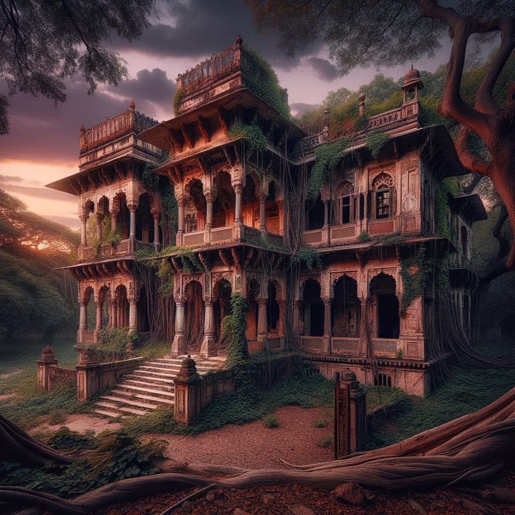 Overgrown Maharaja Palace at Sunset: Mysterious Ambiance