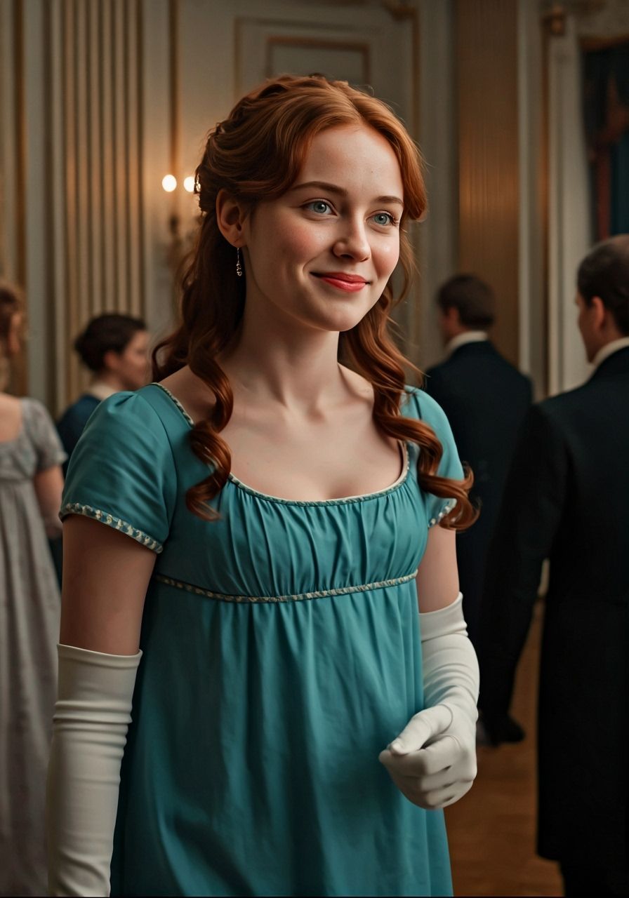 Regency Era Girl in Periwinkle Dress at Ballroom