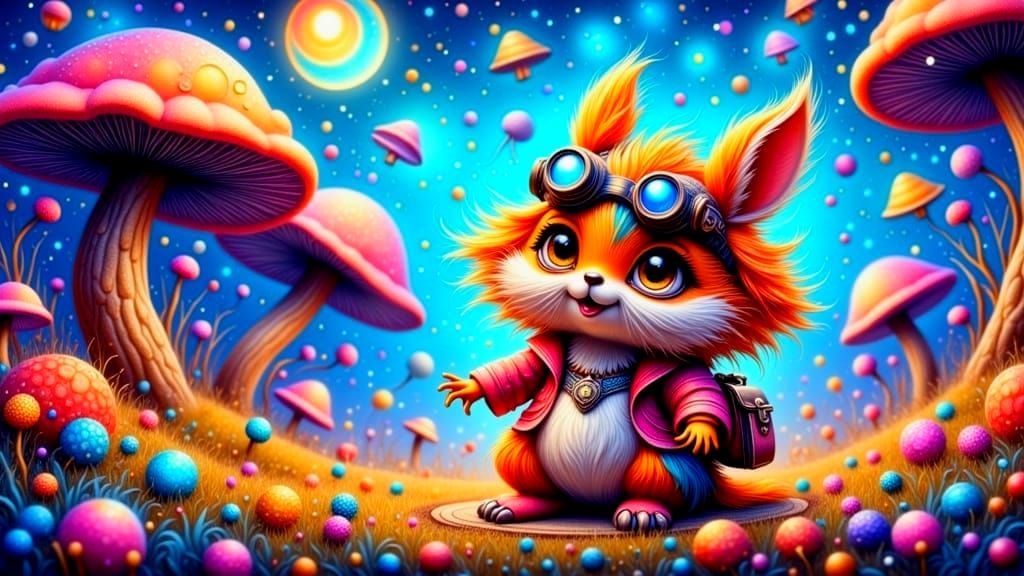 Psychedelic Squirrel Steals Acorn in Whimsical Forest